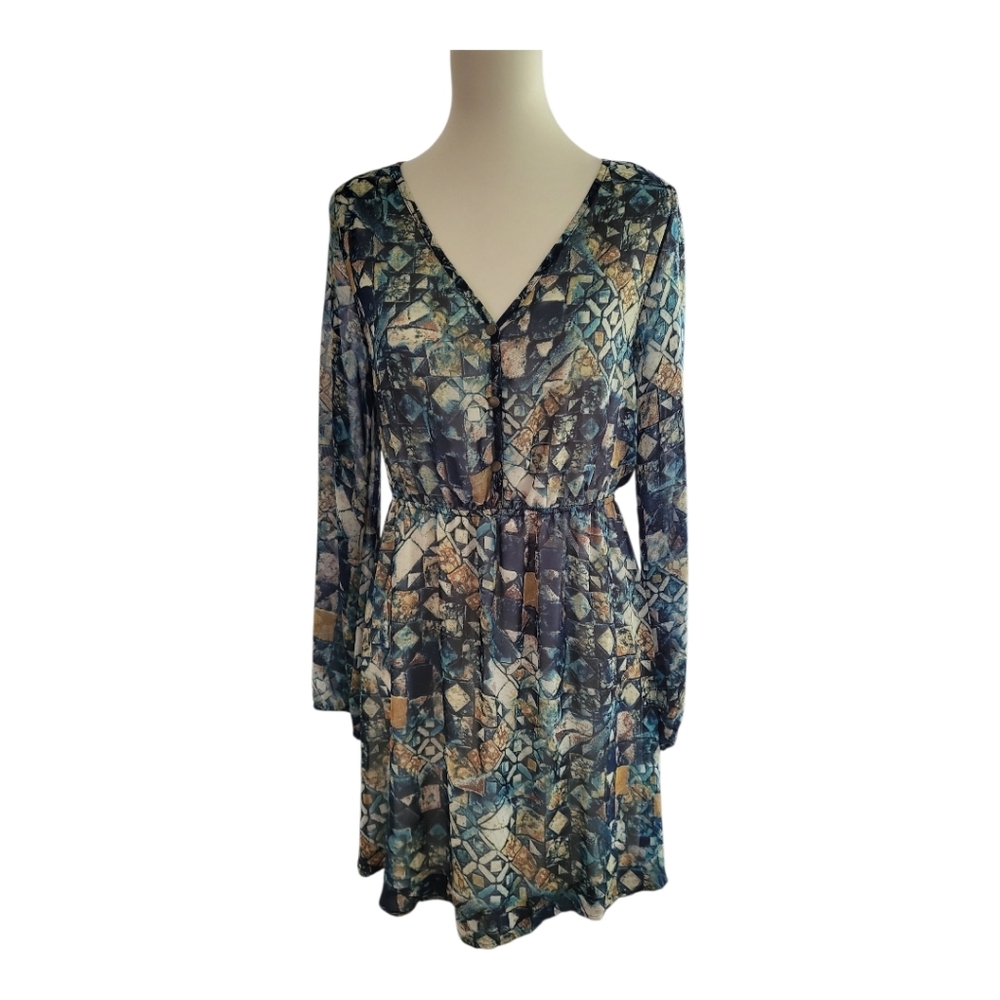 💕Everly Sheer Layered Mini Aztec‎ Print Dress Womens Size M